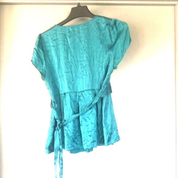Vtg EXPRESS sz M SILK Blend TOP Tie Belt Short Sleeve Gathered Neckline Babydoll - Picture 2 of 7
